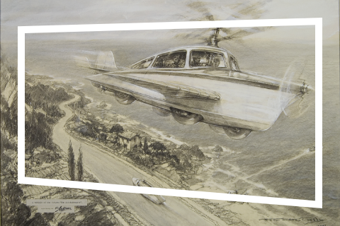 Vliegende auto met propellers boven een kustlijn langs de zee met een autoweg