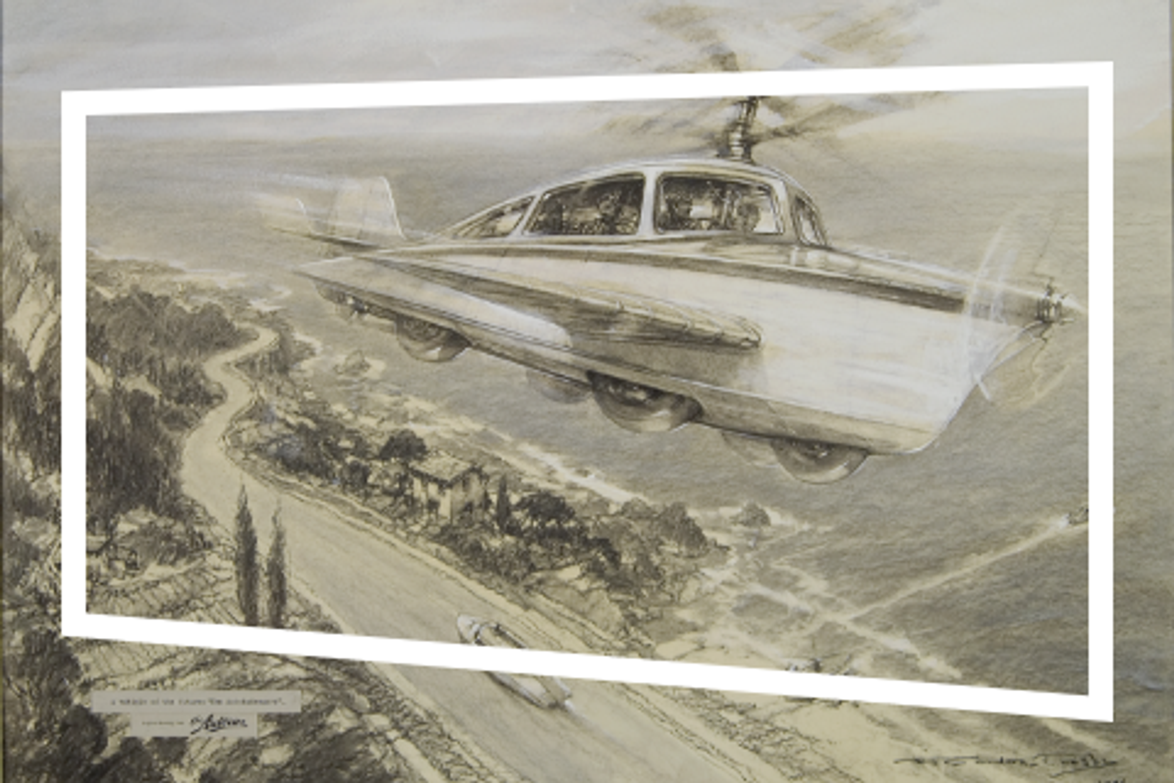 Vliegende auto met propellers boven een kustlijn langs de zee met een autoweg