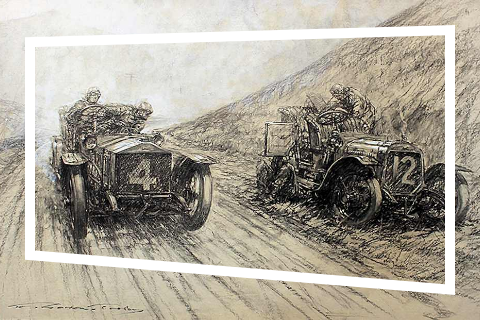 Zwart-wit tekening van twee raceauto's met nummer 4 en 12 langs een heuvel