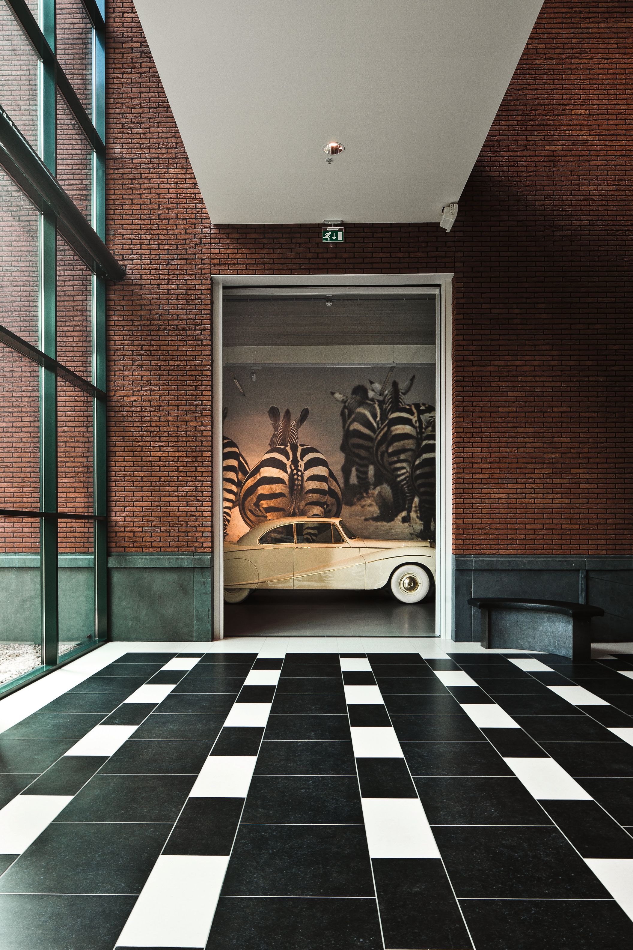 Doorkijkje naar witte auto met zebra's op de muur geprint