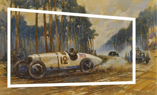 Schilderij van bosrijk landschap met 3 raceauto's, een witte auto met nummer 12 op de voorgrond