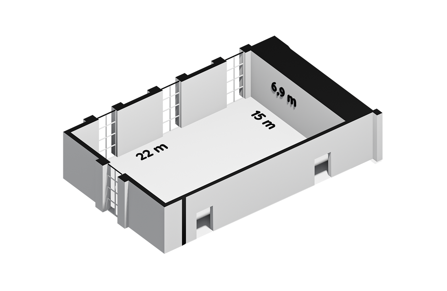 Uma visao geral da sala Shoichiro Toyoda com 22 metros de comprimento, 15 metros de largura e 6,9 metros de altura. As proporcoes e a altura livre oferecem muito espaco para diversas configuracoes e tornam a sala adequada tanto para sessoes de conteudo quanto para apresentacoes e exposicoes.