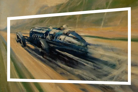 Donkerblauwe raceauto in groen/geel landschap met snelheidsstrepen
