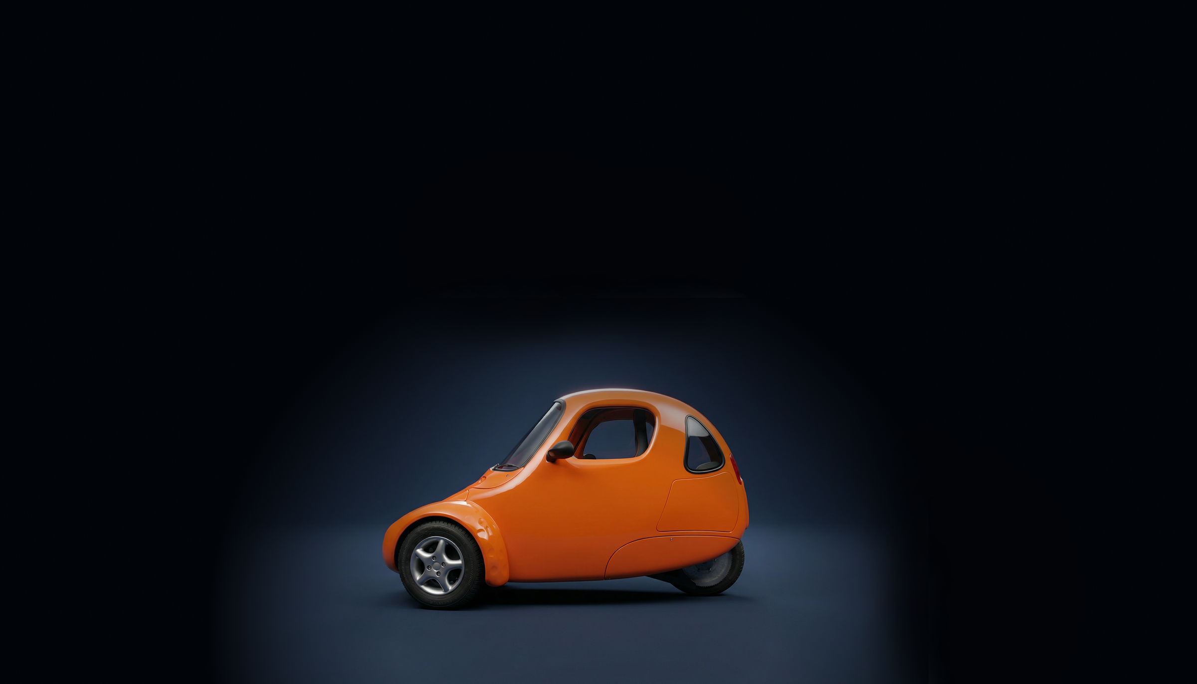 Zijaanzicht Corbin Sparrow Electric Single-Seater in donkerblauwe studio