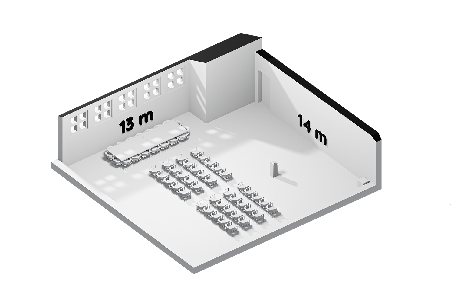 Een overzichtelijke ruimte van 13 bij 14 meter, met flexibele opstellingen en een vaste tafelopstelling voor overleg in kleiner gezelschap.
