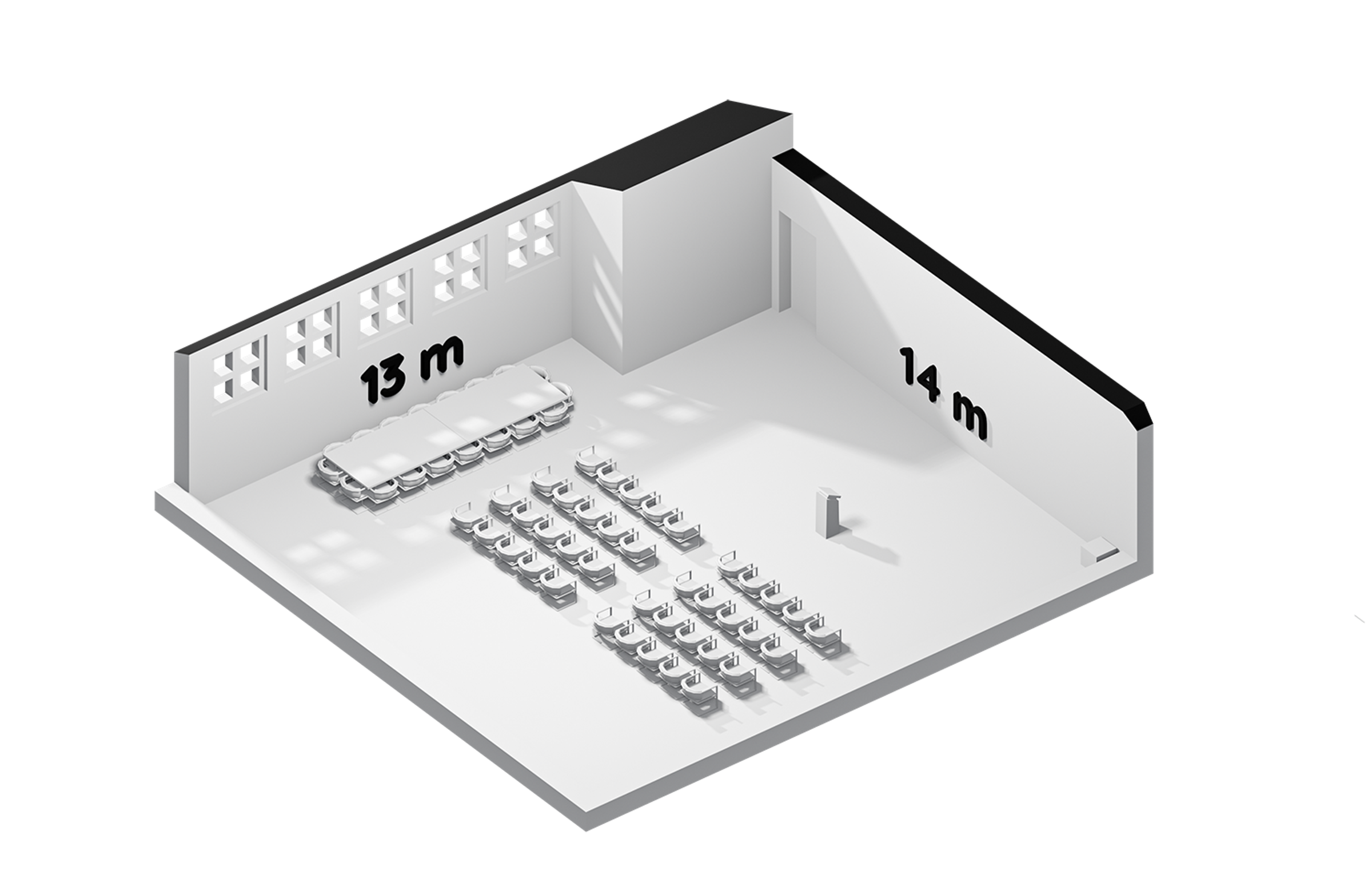 Een overzichtelijke ruimte van 13 bij 14 meter, met flexibele opstellingen en een vaste tafelopstelling voor overleg in kleiner gezelschap.