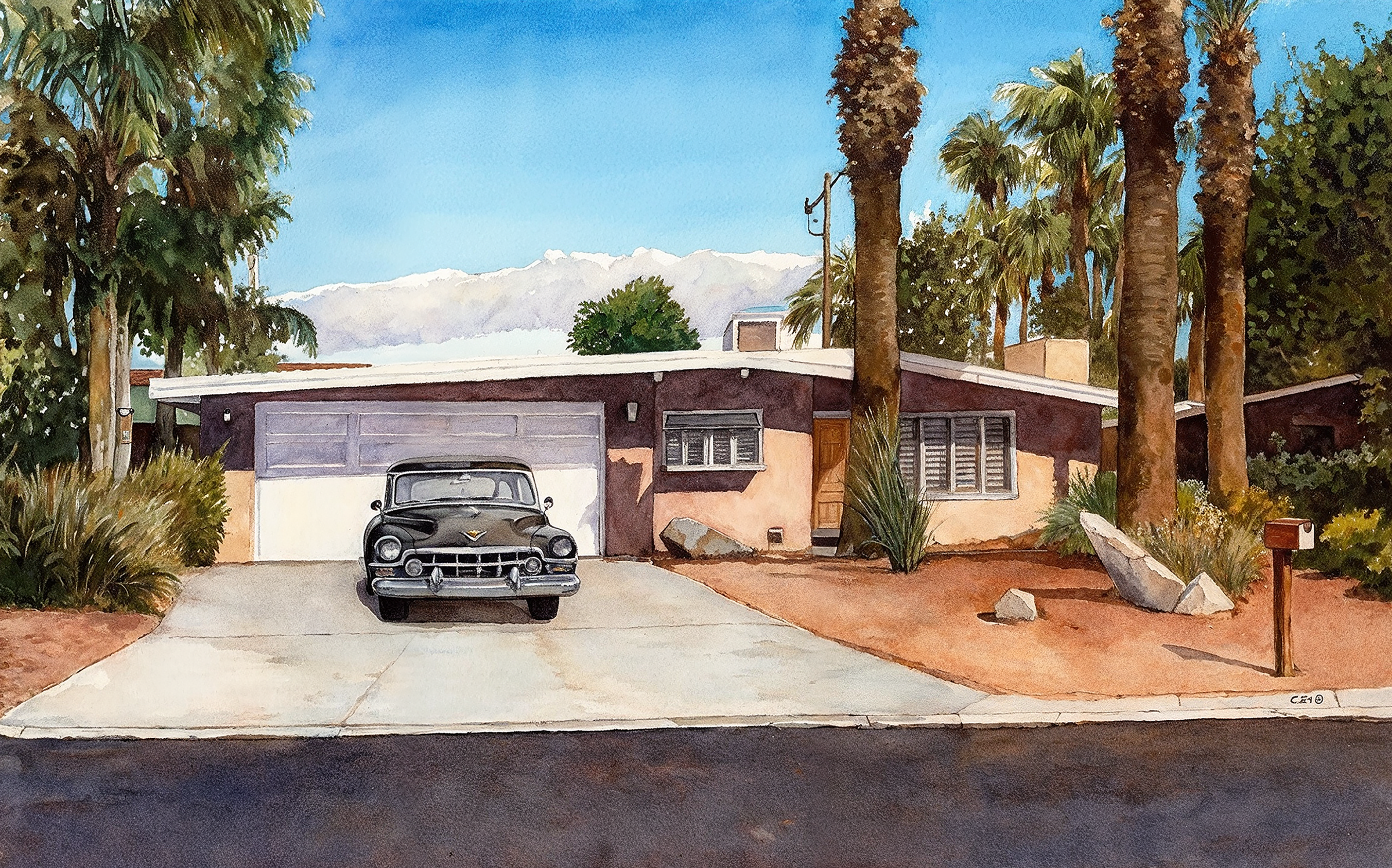 Amerikaans huis met palmbomen, met zwarte oldtimer op de oprit en een blauwe lucht .