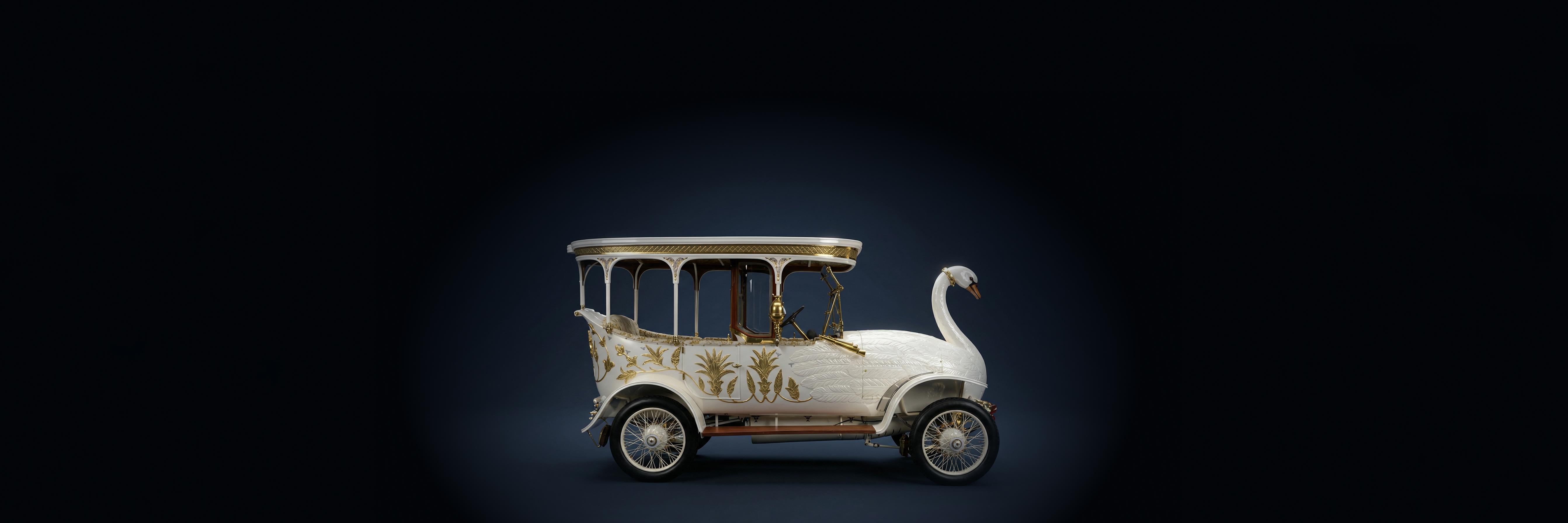 Vue laterale de la voiture Brooke Swan dans un studio bleu fonce