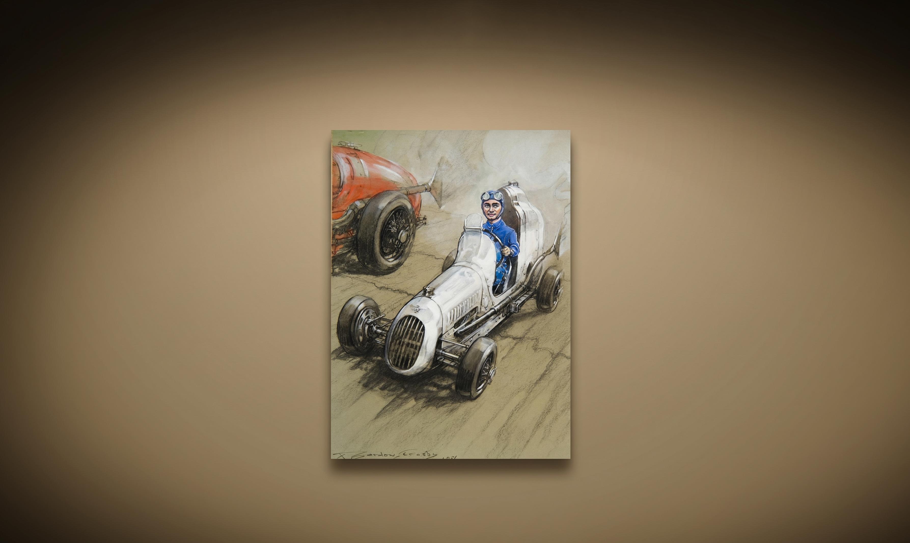 caricatura de uma pessoa em um carro de corrida classico