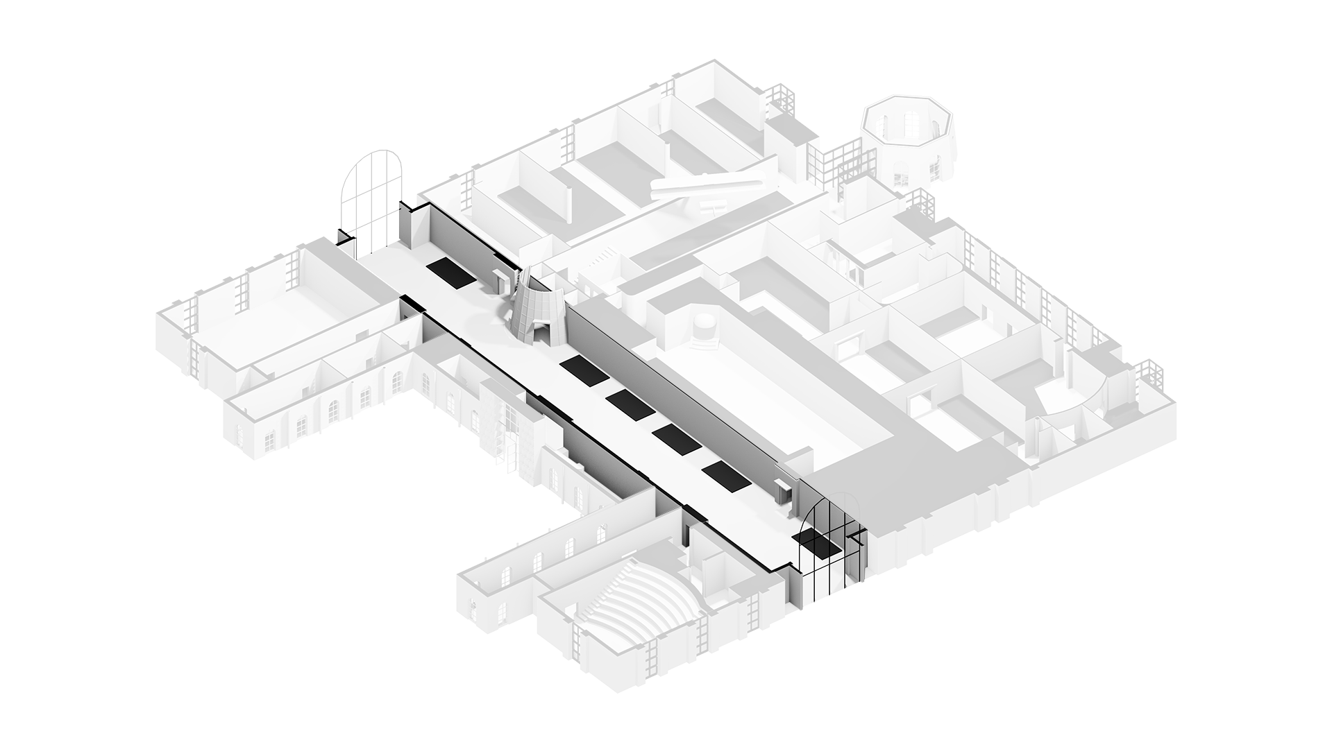 Een overzicht waarin alles samenkomt. De Great Hall als centrale as, met daaromheen de verschillende zalen die naadloos in elkaar overlopen en ruimte bieden voor elk type evenement.