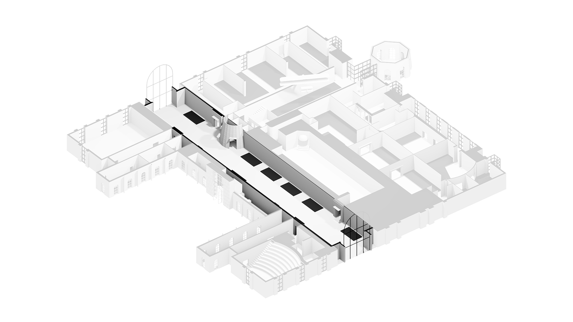 Een overzicht waarin alles samenkomt. De Great Hall als centrale as, met daaromheen de verschillende zalen die naadloos in elkaar overlopen en ruimte bieden voor elk type evenement.