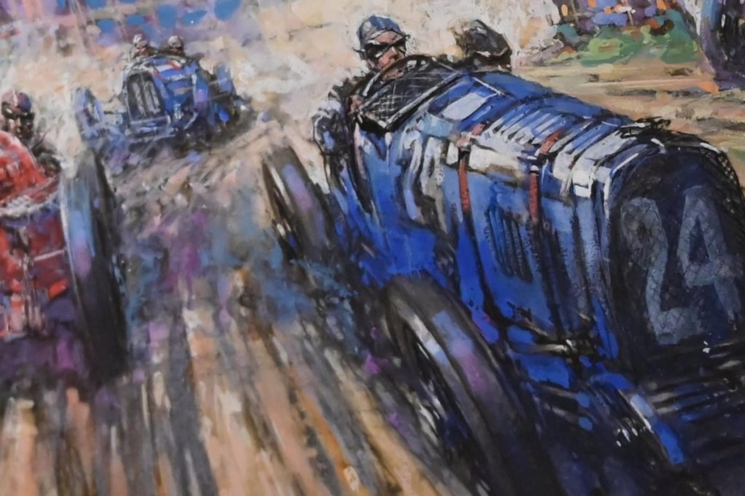 schilderij van Gordon-Crosby, blauwe racewagen met twee achtervolgers