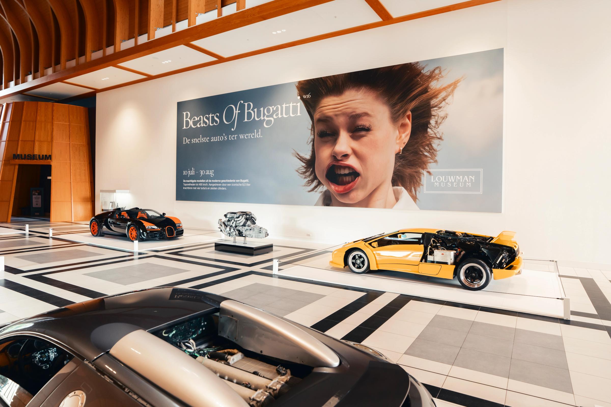 Overzicht Beasts of Bugatti expositie Louwman Museum
