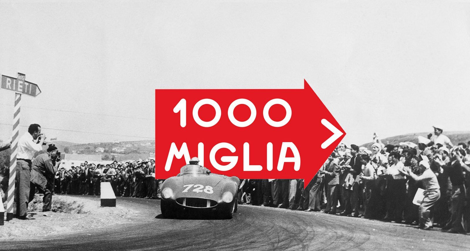 Black and white photo of Mille Miglia car with red arrow titled 1000 Miglia