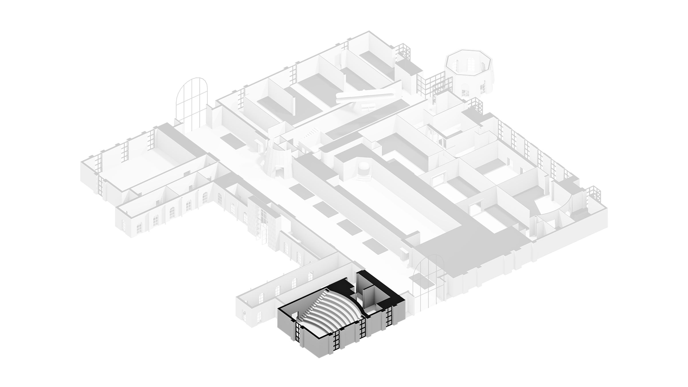 Een overzicht van het Theater met zijn kenmerkende halfronde opstelling. Met een breedte van 23 meter en een diepte van 15 meter biedt de zaal een heldere focus op het podium en optimale zichtlijnen vanaf iedere zitplaats.