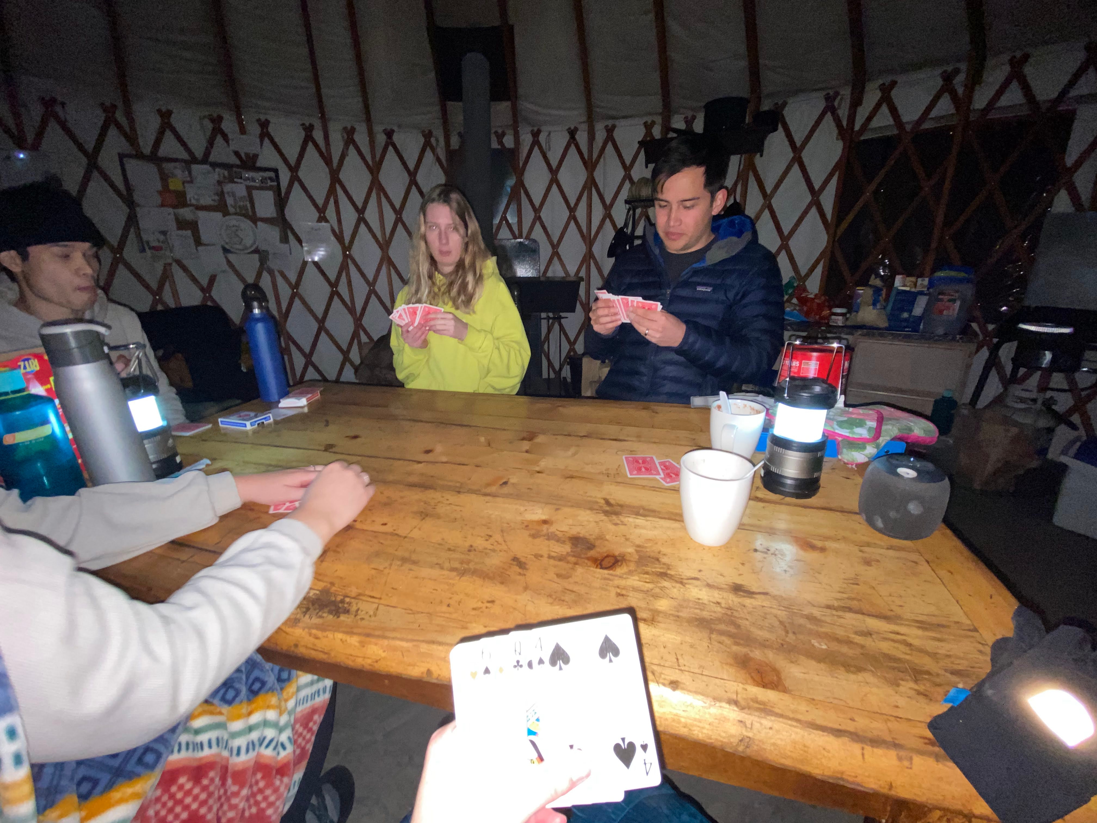 Playing cards inside the yurt