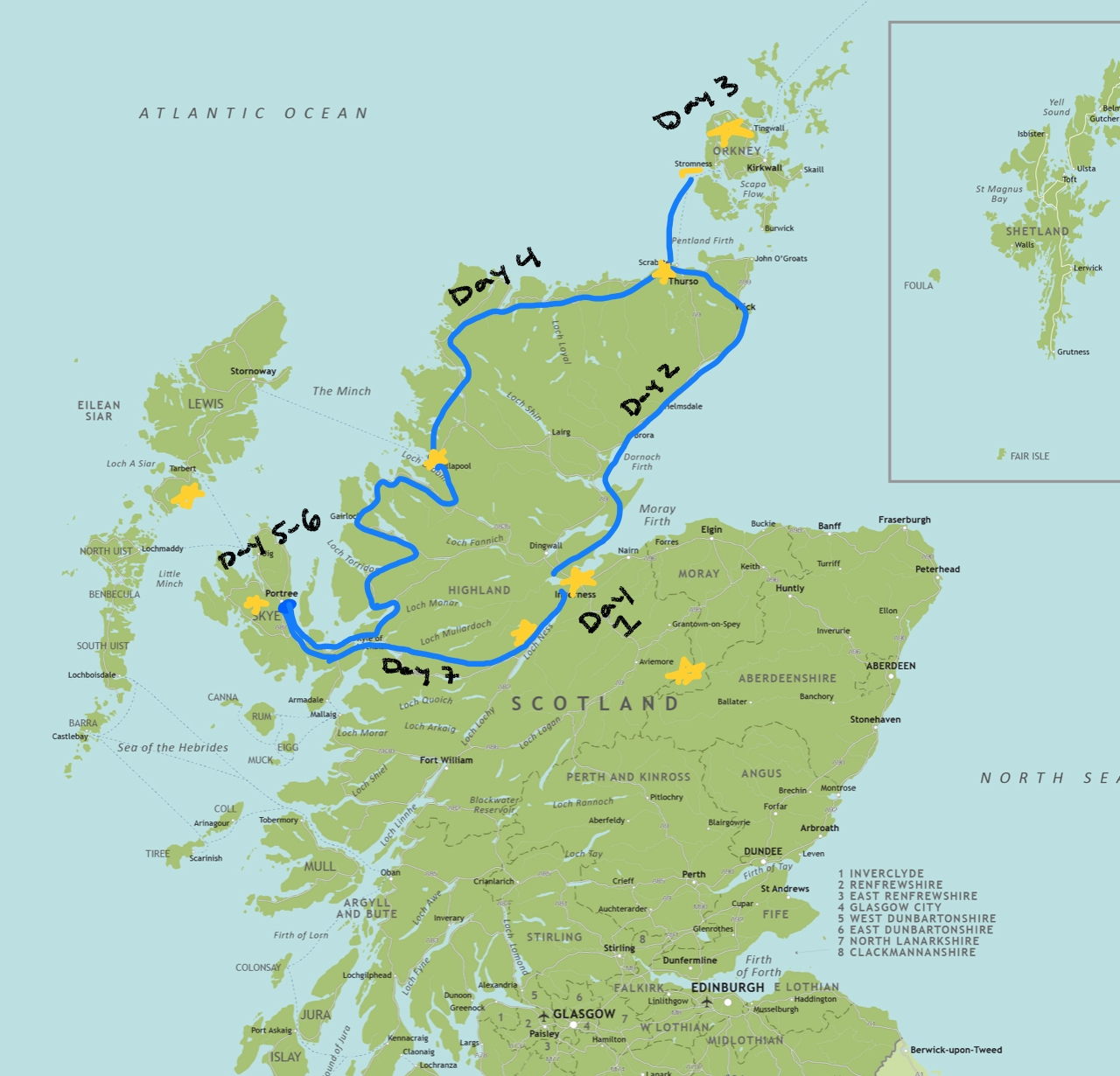 A map showing our route around the highlands