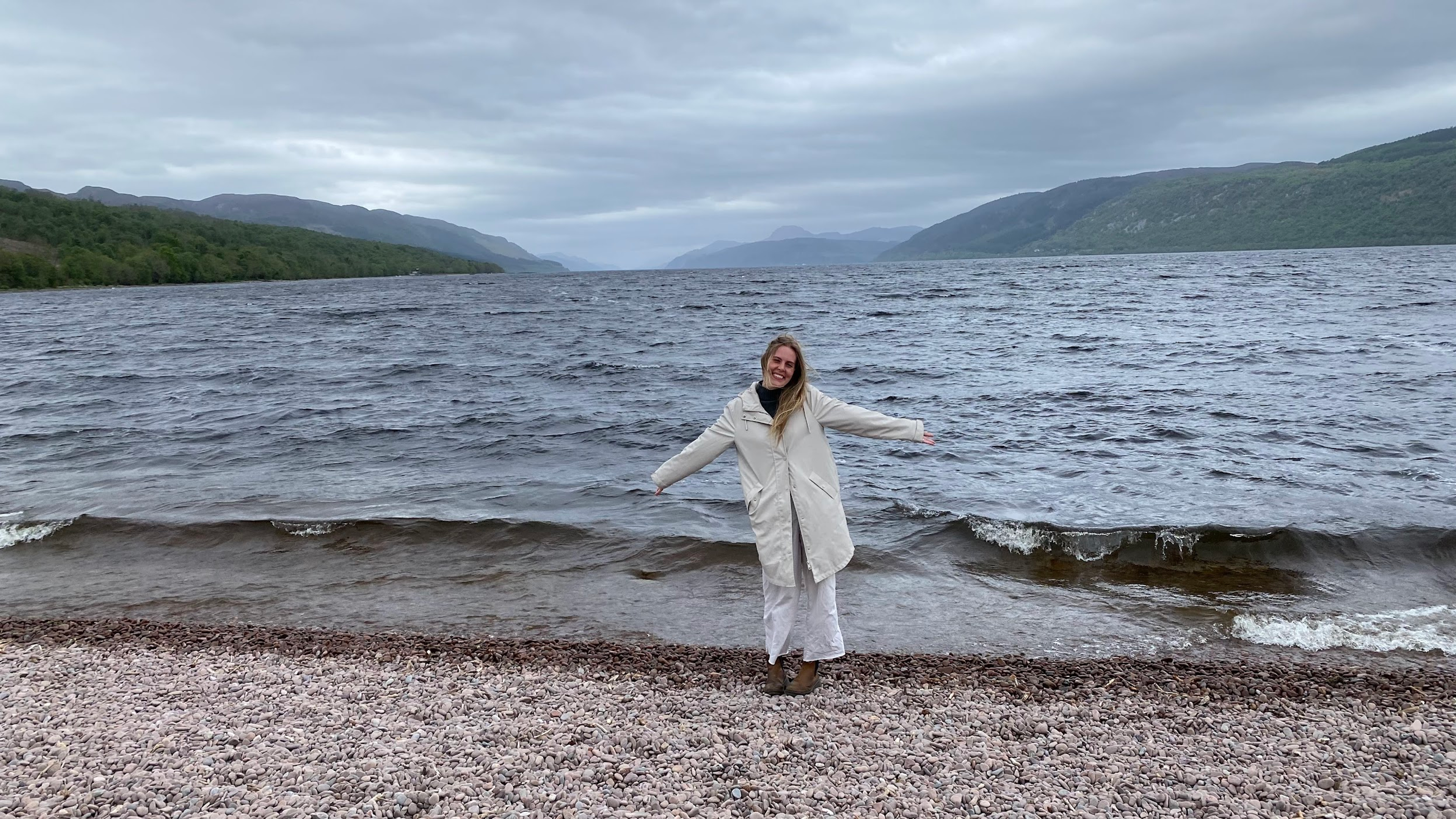 Phoebe on a rocky beach of Loch Ness