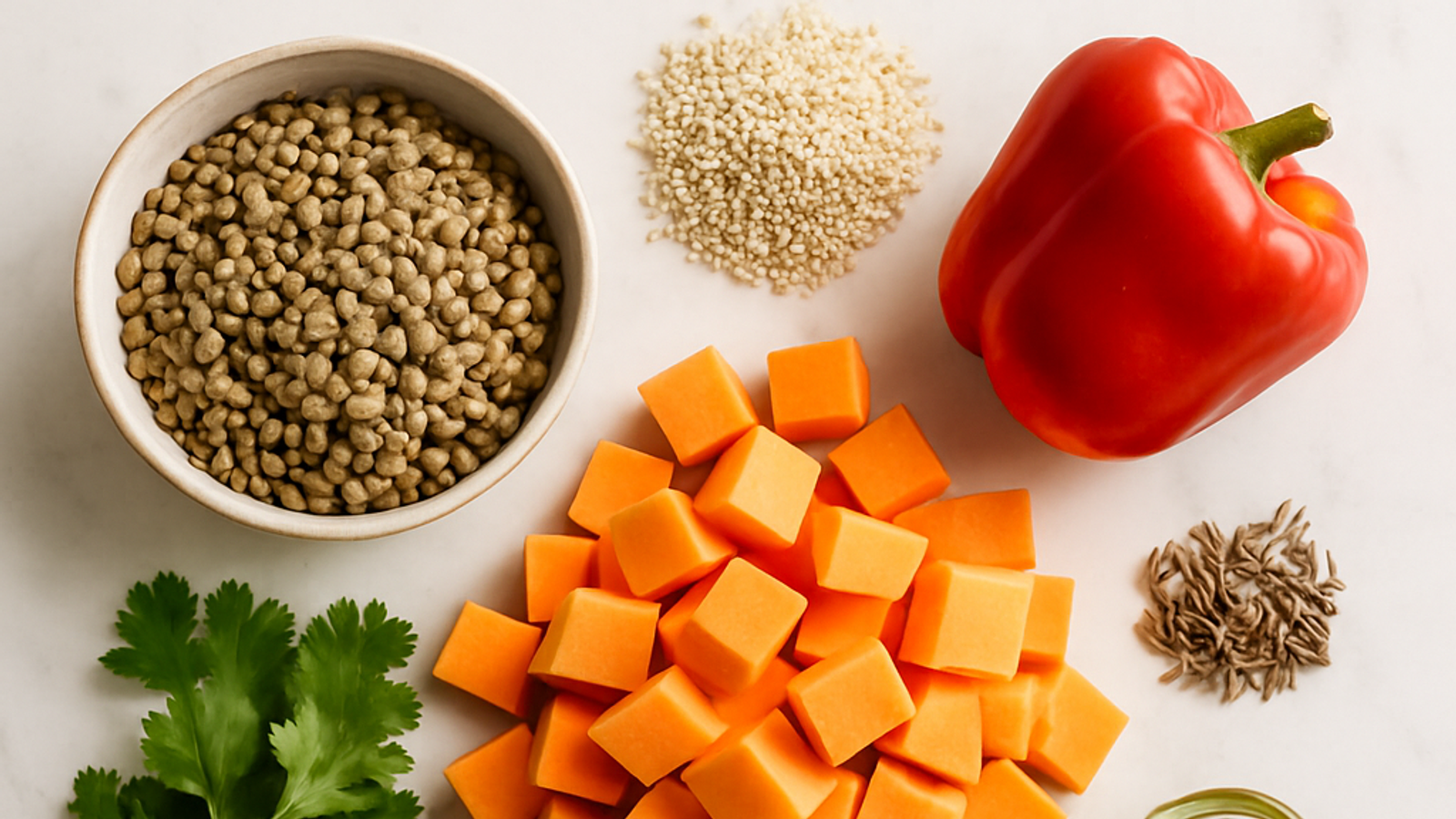 Ingredientes crudos del guiso de lentejas con quínoa y camote ordenados sobre una superficie de mármol blanco.