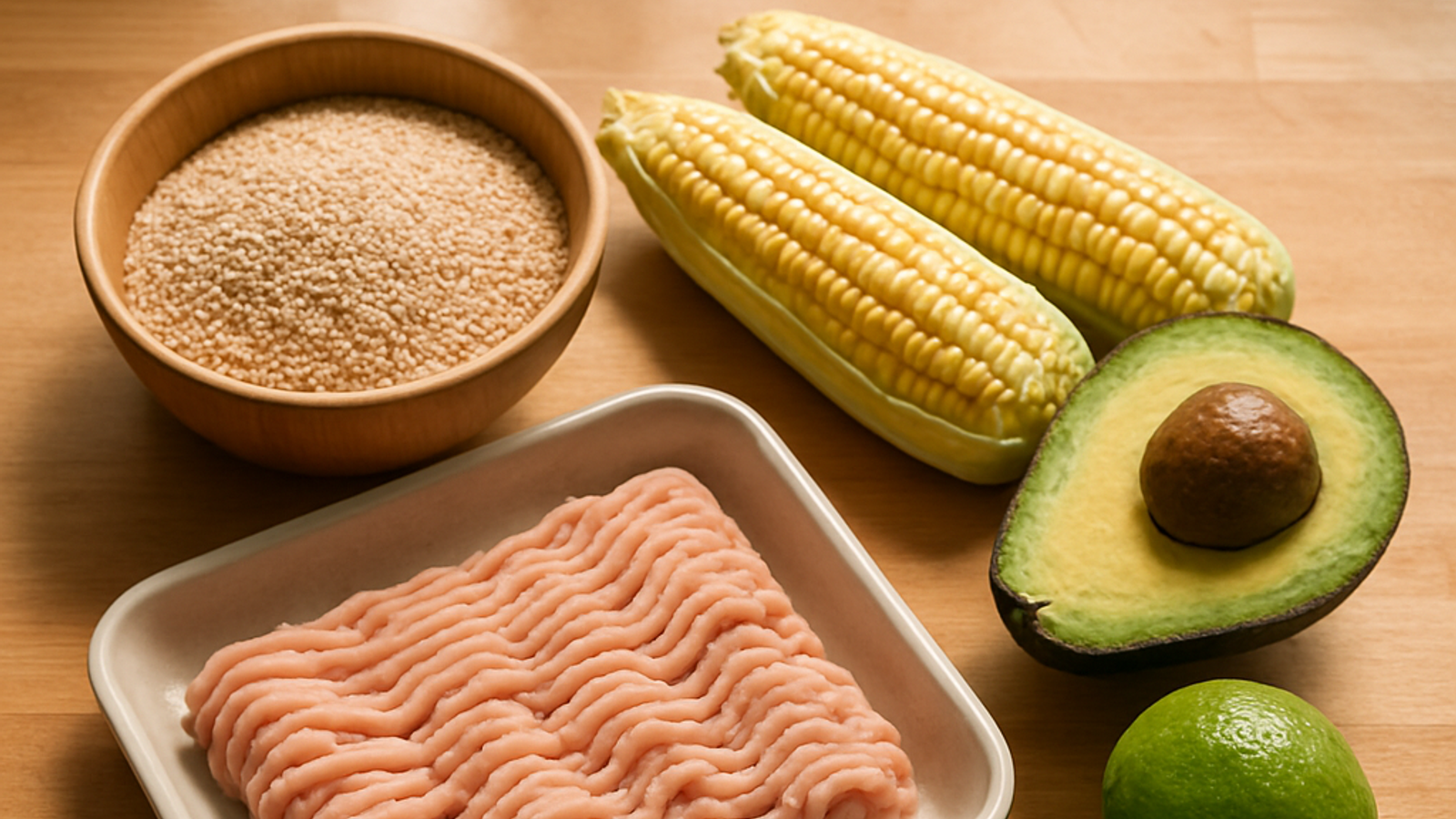 Ingredientes crudos para el tazón de pavo con quínoa, choclo y palta ordenados sobre un mesón de madera