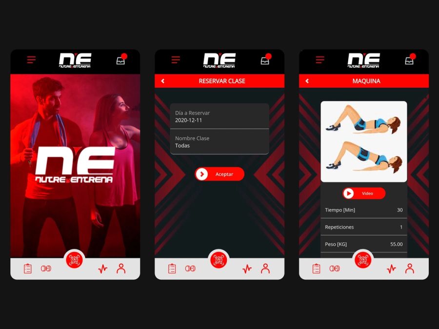 Pantallas de la app de Nutre y Entrena: inicio, reserva de clases y rutina con el video del ejercicio