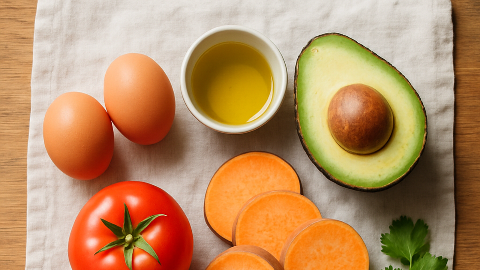 Ingredientes crudos del desayuno paleo: huevos, palta, tomate, camote, aceite de oliva y cilantro sobre mesón de madera