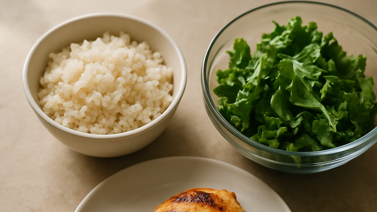 Porciones medidas de arroz, pollo y ensalada sobre la encimera de la cocina
