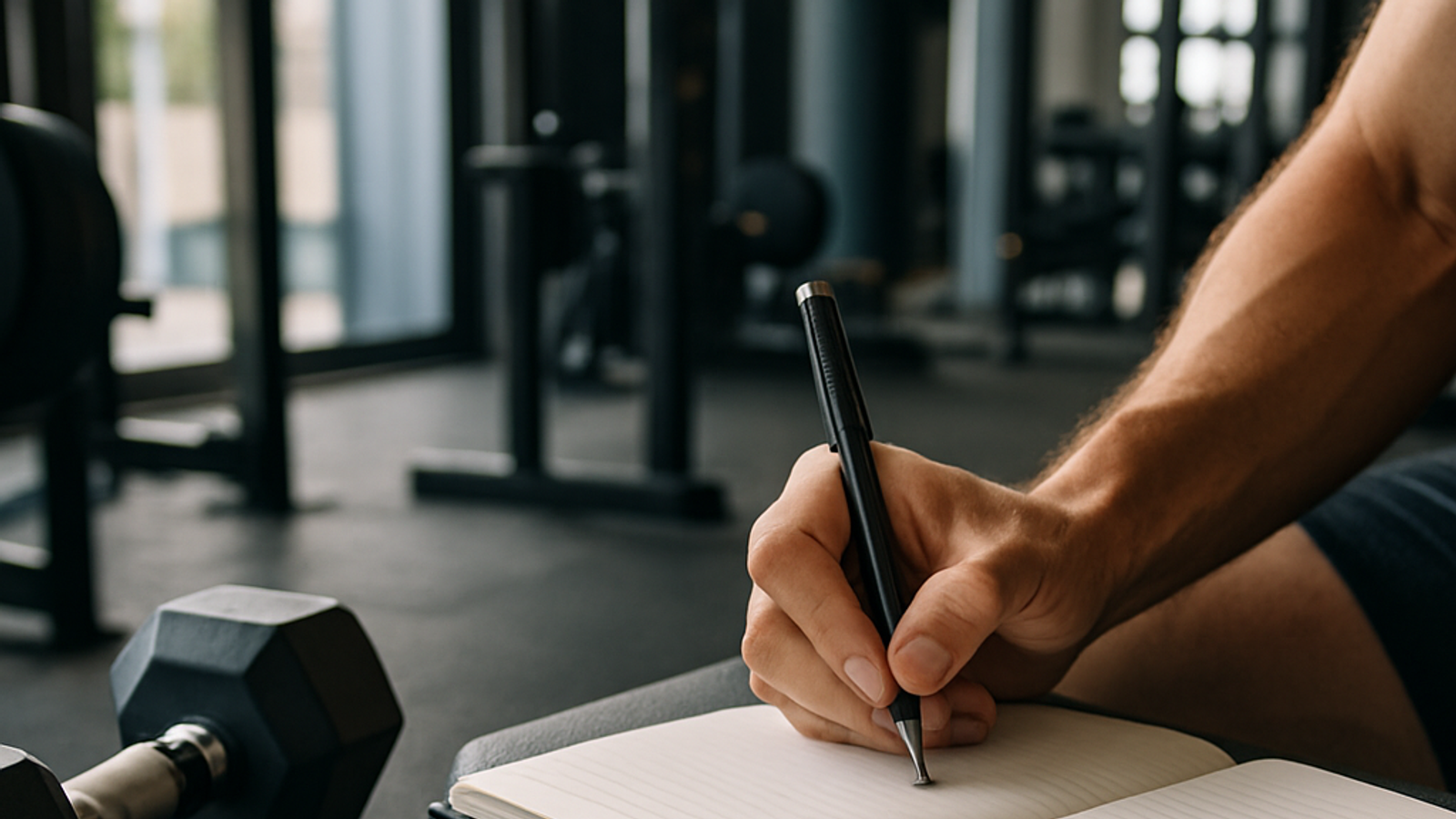 Registro de series de entrenamiento junto a mancuernas en el gimnasio