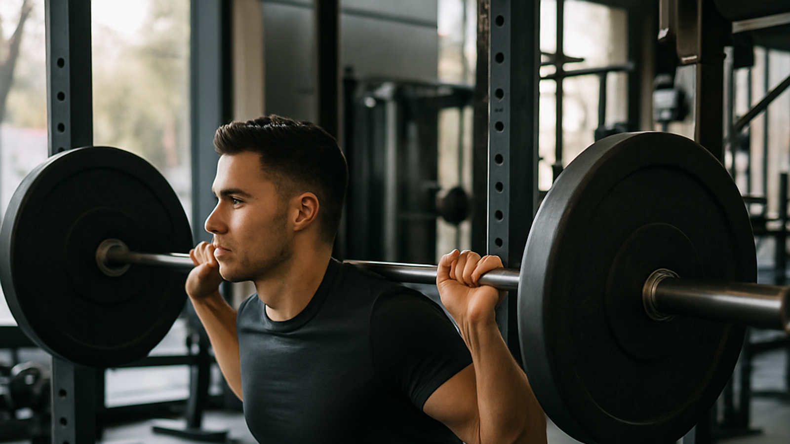 Persona realizando sentadilla con barra con técnica correcta en sala de musculación