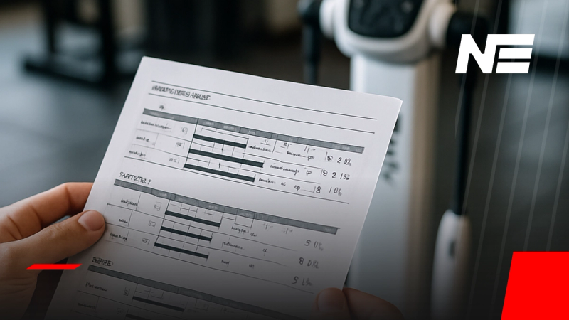 Reporte impreso del InBody 270 con datos de composición corporal sostenido frente al equipo analizador en un gimnasio profesional