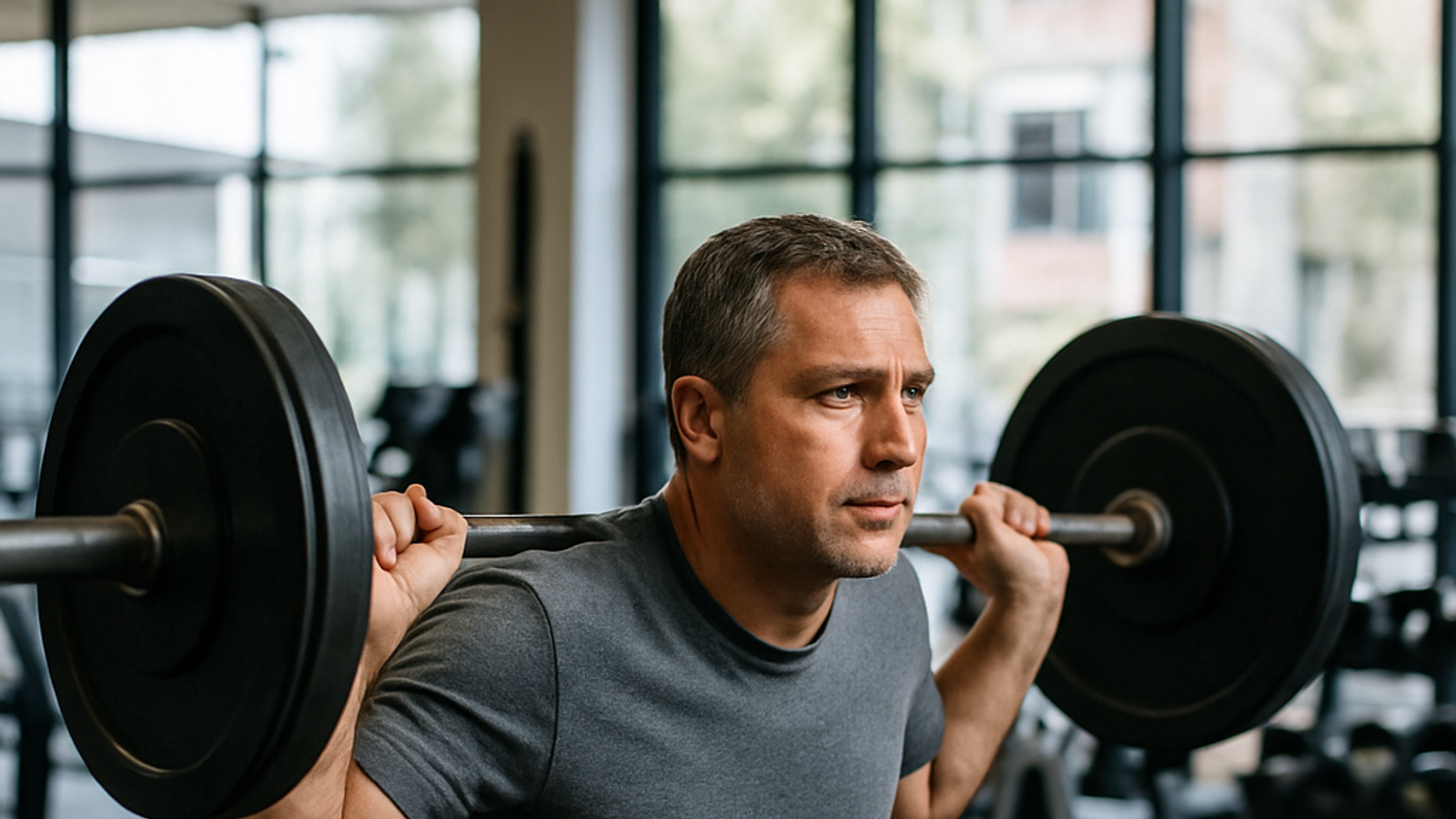 Hombre de alrededor de 45 años ejecutando sentadilla con barra en zona de peso libre del gimnasio