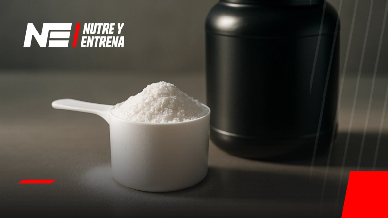 Scoop con polvo de monohidrato de creatina sobre superficie limpia con luz natural