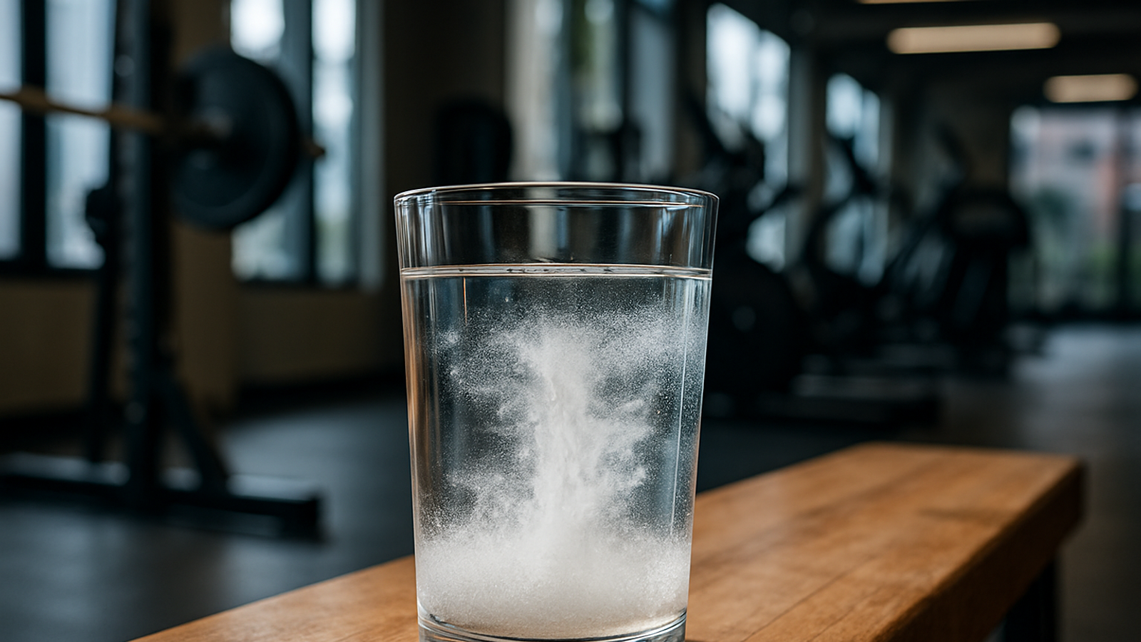 Vaso de agua con creatina en polvo disolviéndose, sobre banco de gimnasio