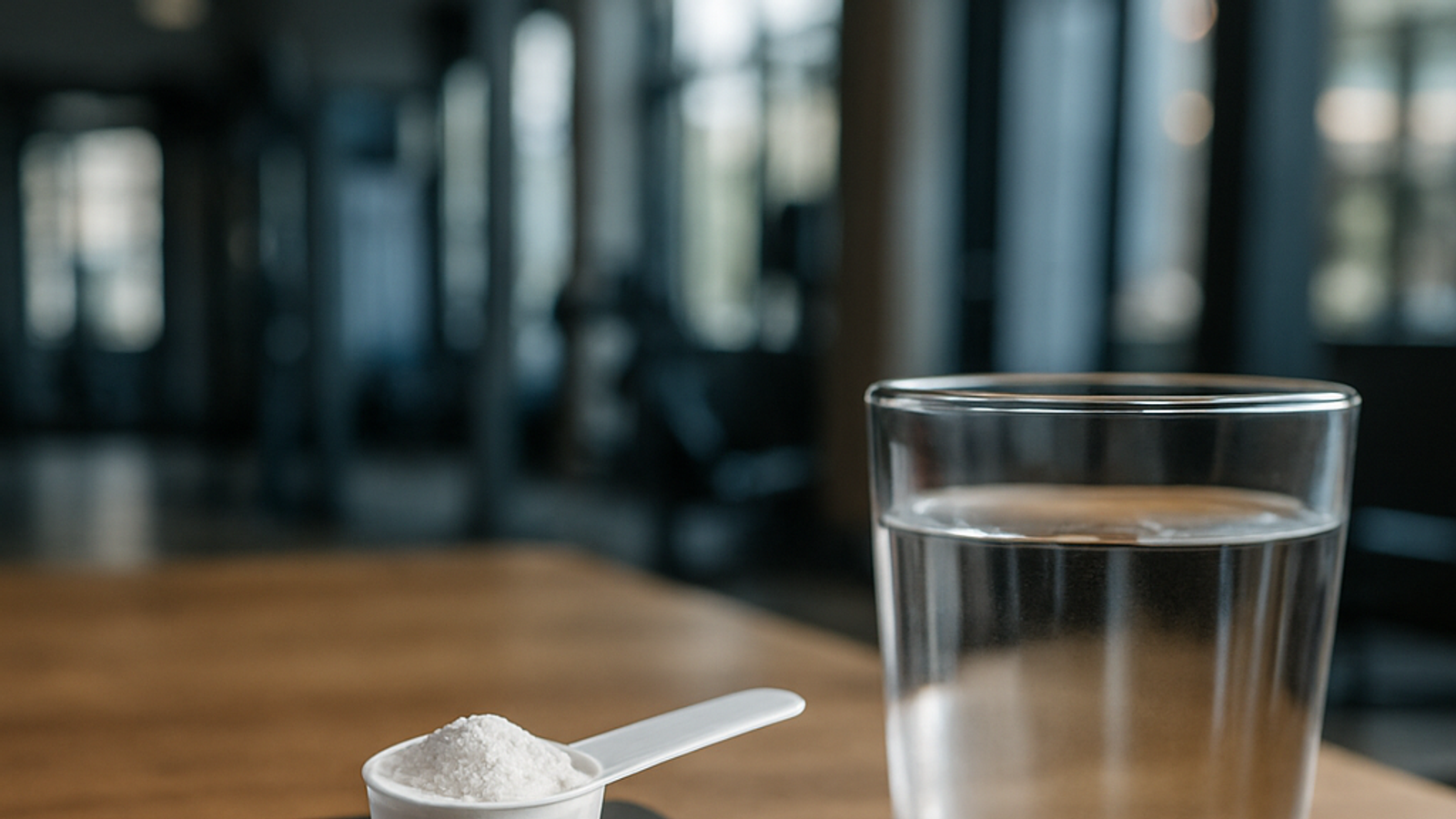 Porción de creatina medida en báscula de cocina junto a vaso de agua