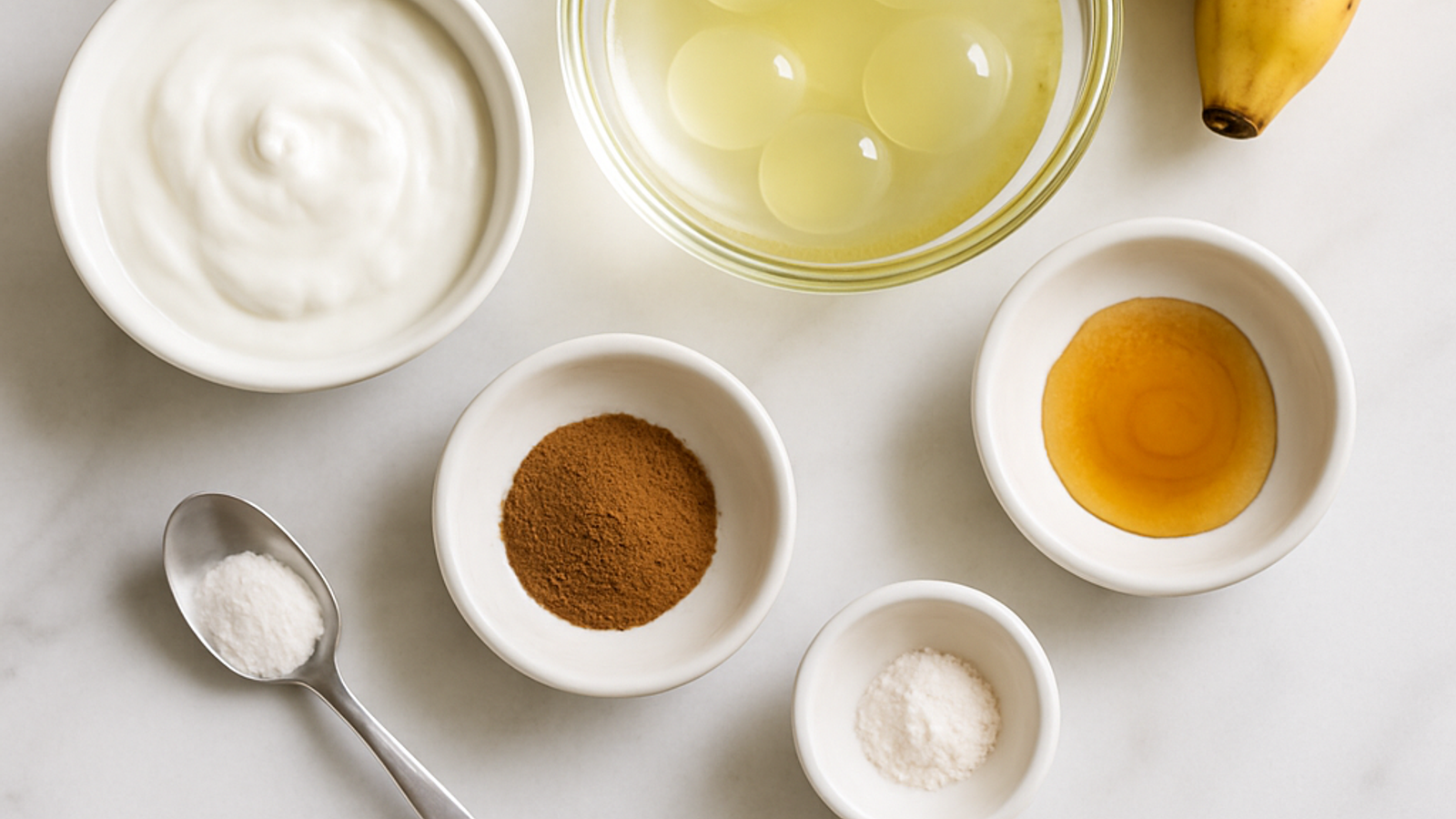 Ingredientes crudos para panqueques de avena y claras con plátano ordenados sobre superficie blanca