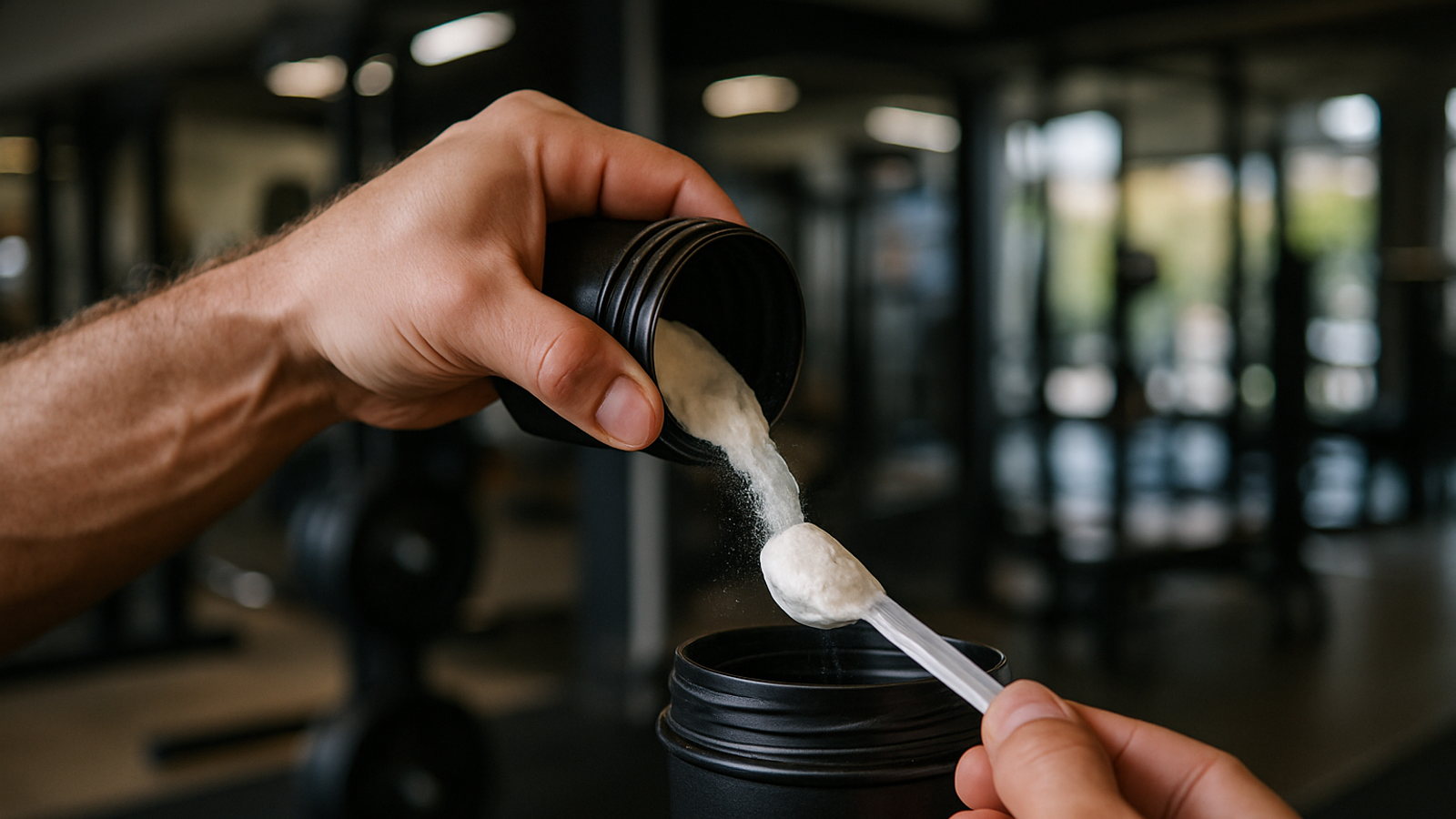 Mano vertiendo creatina en polvo en un shaker negro en ambiente de gimnasio