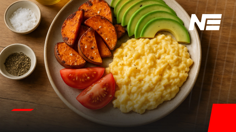 Plato de huevos revueltos cremosos con camote asado, palta en láminas y tomate fresco, servido en cerámica rústica sobre mesa de madera