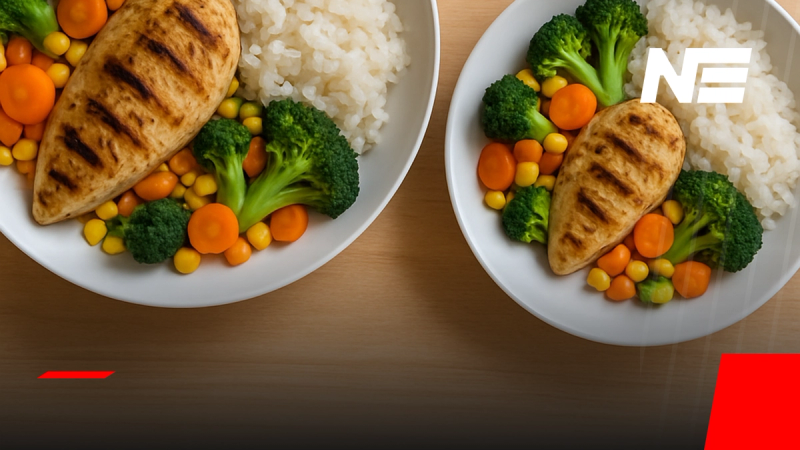 Dos platos iguales sobre una mesa, uno con una porción grande y otro con una porción menor de pollo, arroz y verduras