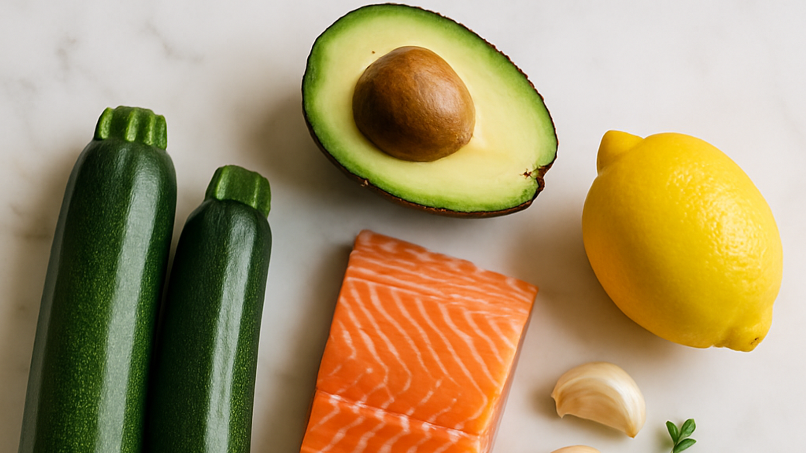 Ingredientes crudos para salmón keto al horno: filete de salmón, zapallo italiano, palta, ajo, limón y aceite de oliva sobre mármol blanco