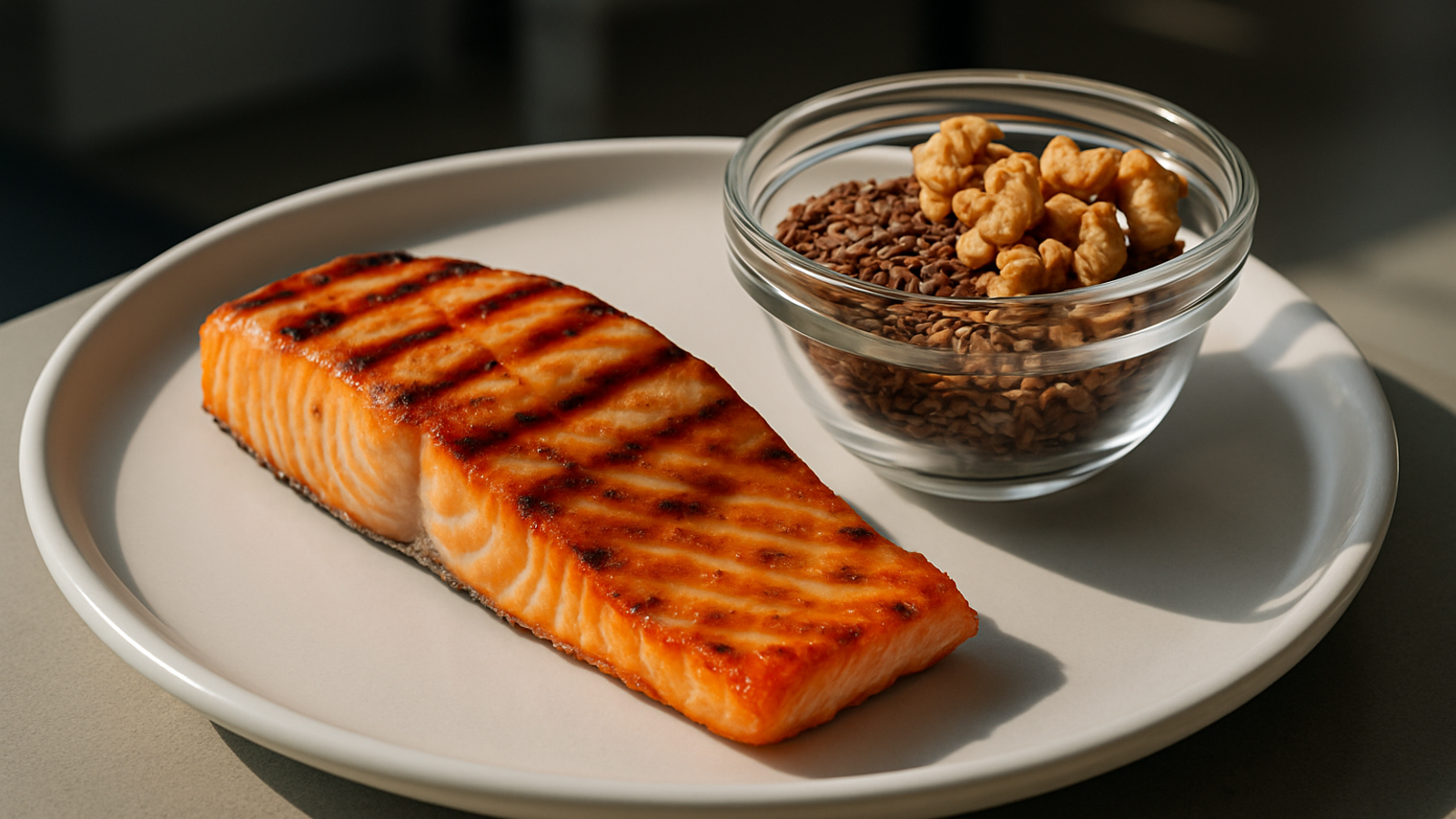 Filete de salmón a la plancha junto a semillas de linaza y nueces, fuentes naturales de omega-3, sobre plato blanco con luz natural.