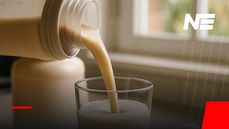 Batido de proteína servido desde un vaso mezclador sobre la encimera de la cocina