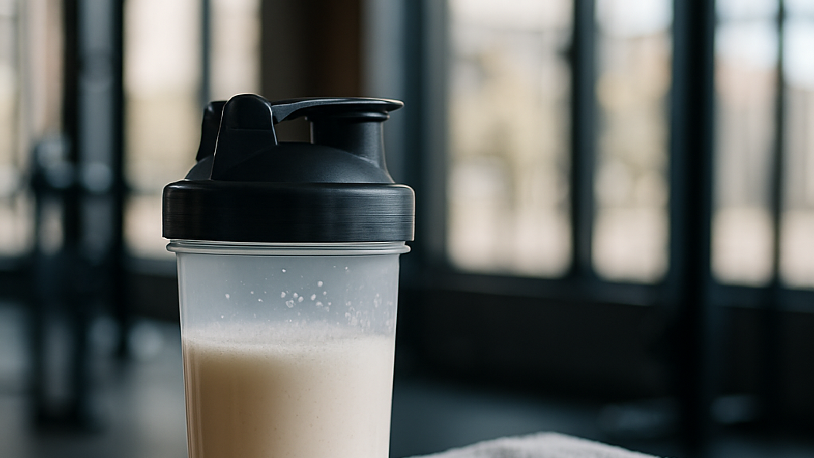 Shaker transparente con batido de proteína whey sobre banco de gimnasio junto a toalla deportiva