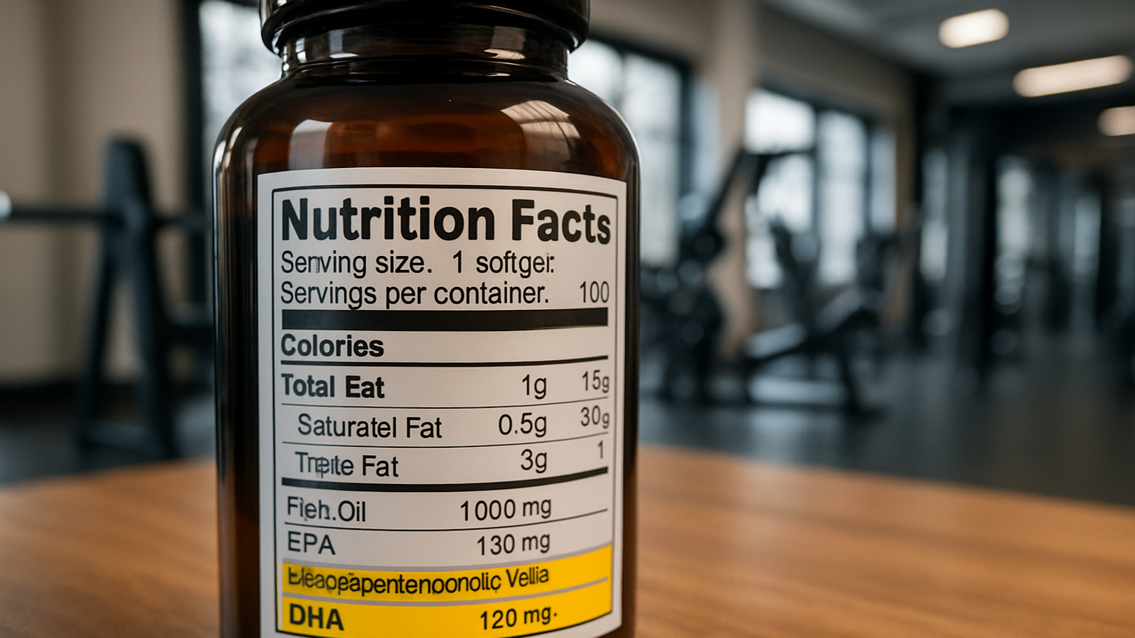 Etiqueta nutricional de un suplemento de aceite de pescado mostrando los valores de EPA y DHA en primer plano.