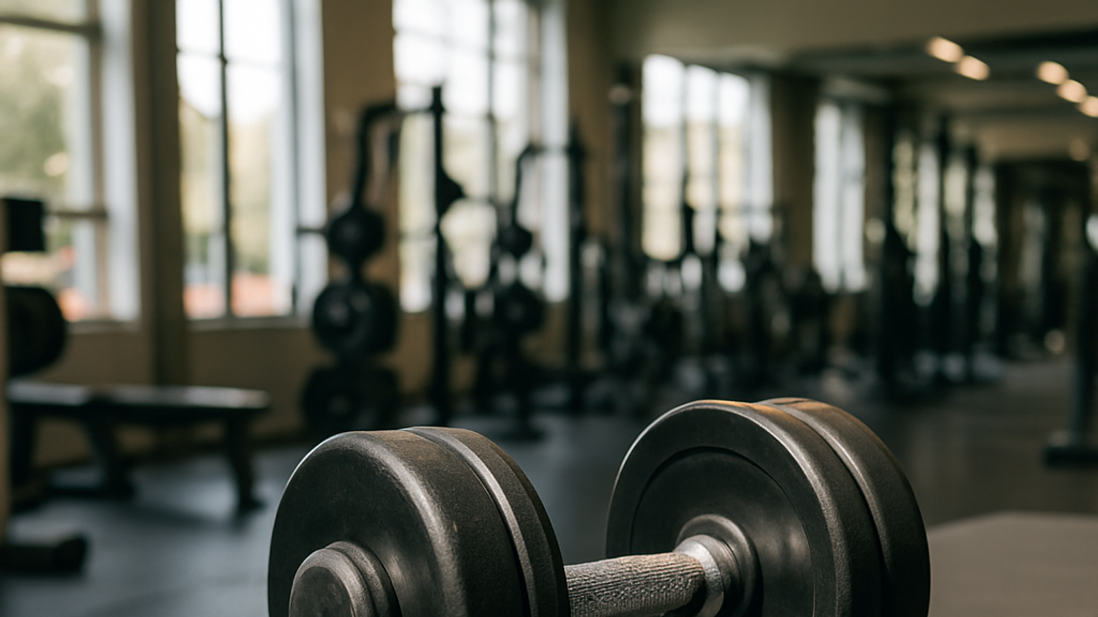 Mancuerna sobre banco de entrenamiento en sala de musculación, detalle de equipamiento para entrenamiento de hipertrofia