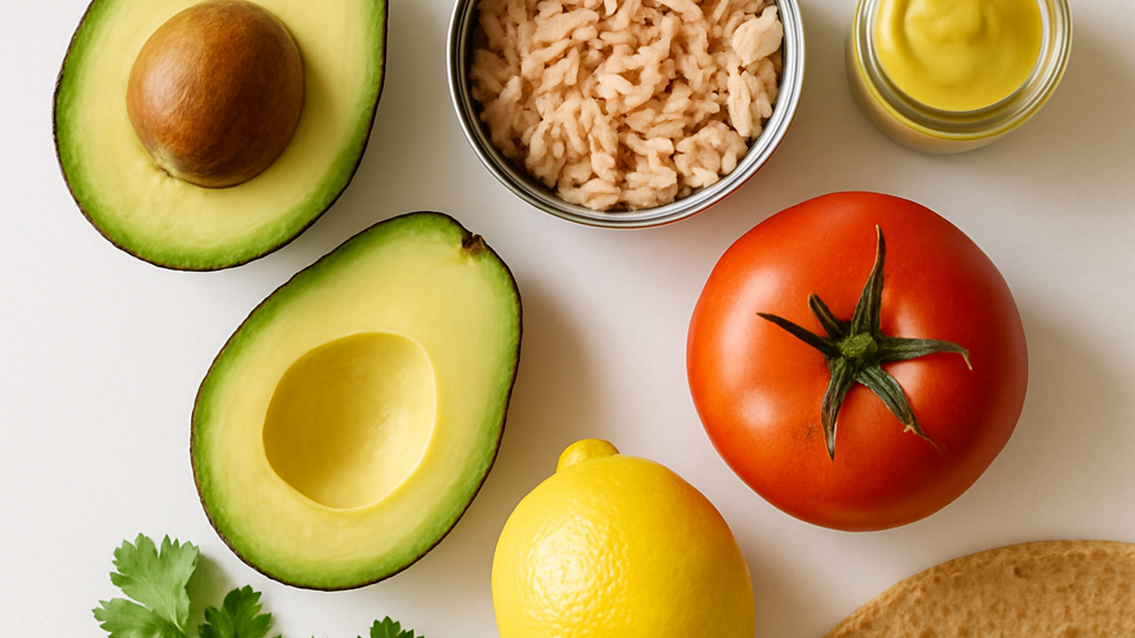 Ingredientes del wrap integral de atún con palta y tomate ordenados sobre superficie blanca