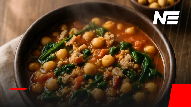 Guiso de garbanzos con pavo molido y espinaca servido en un plato hondo sobre mesa de madera