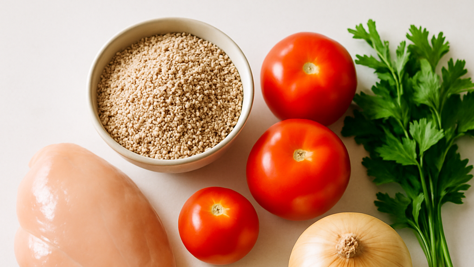 Ingredientes crudos para pollo al jugo con quínoa y ensalada chilena sobre mesón de cocina