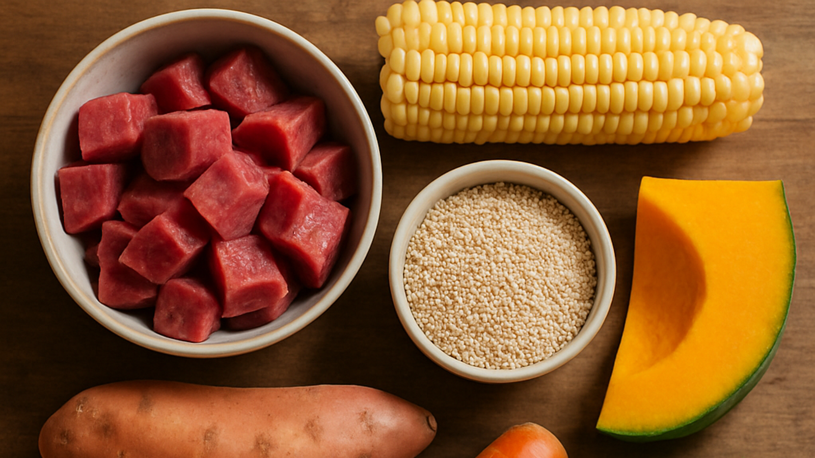 Ingredientes crudos de la cazuela de vacuno con quínoa ordenados sobre una mesa de madera