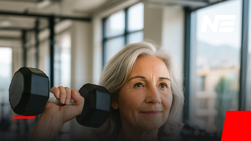 Mujer mayor haciendo press de hombros con mancuerna en el gimnasio