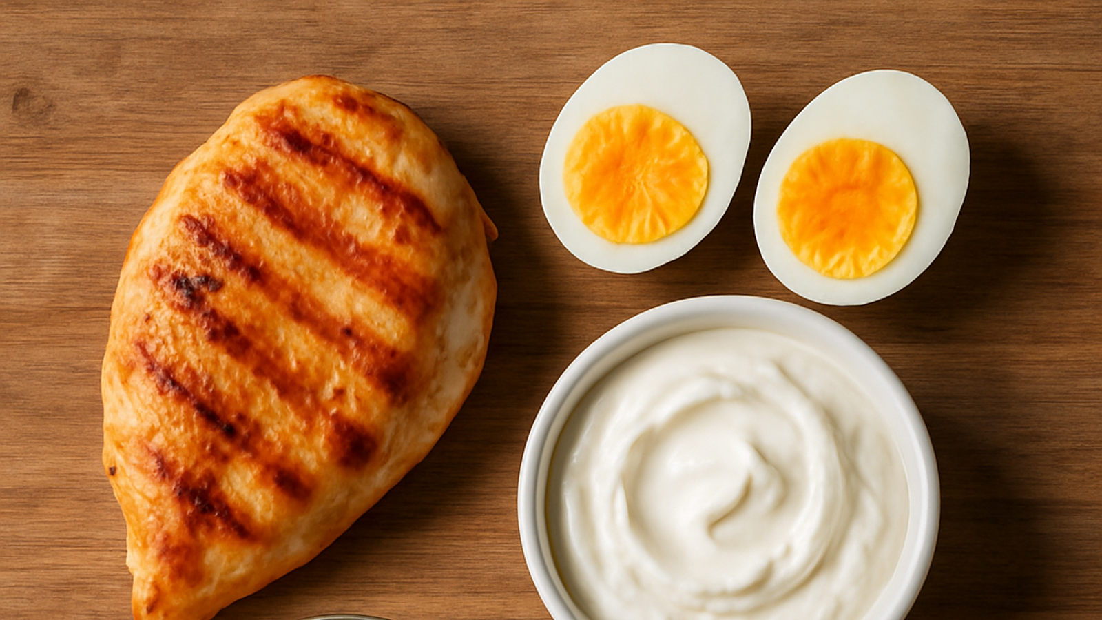 Fuentes de proteína para combatir la sarcopenia: pechuga de pollo, huevos, yogur griego, atún y lentejas